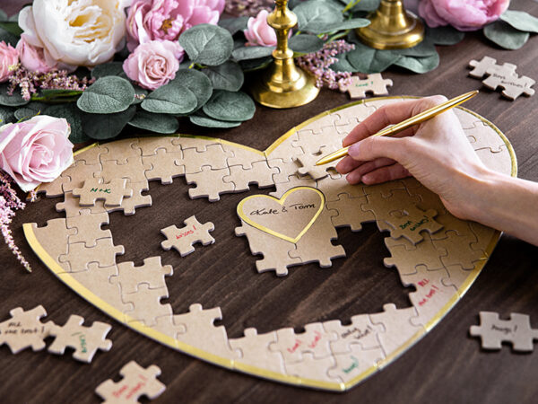 Addobbi Matrimonio Libro della firma del puzzle del cuore: marrone e oro