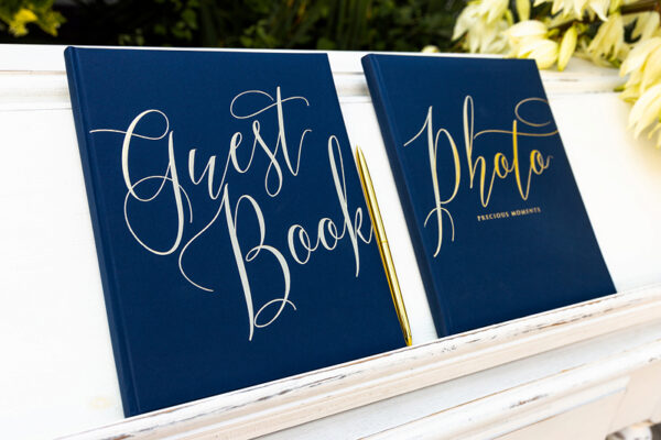 Addobbi Matrimonio Libro delle firme blu navy e scritte in oro "Libro degli ospiti".