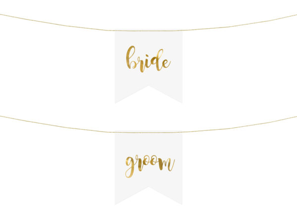 Addobbi Matrimonio Striscioni bianchi per sedie da sposa con scritte in oro metallico: "Bride, Groom".